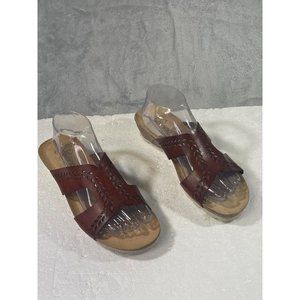 YOKONO Womens size 9.5 Redish Brown Strap Wedge Sandals Slip On Leather Cork